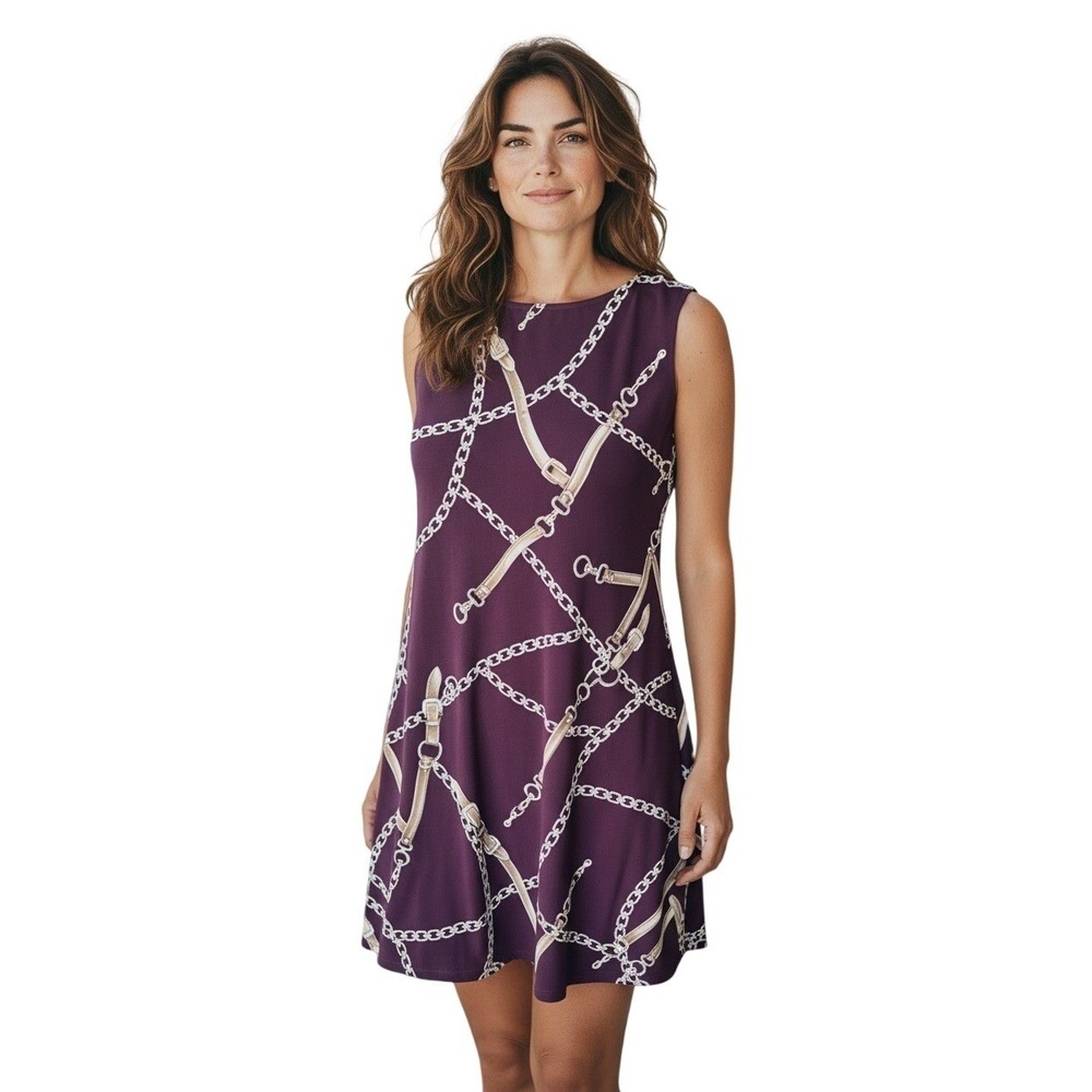 Ronni Nicole Shift Dress Womens 14 Plum New Chain Belt Print V215029 Sleeveless
